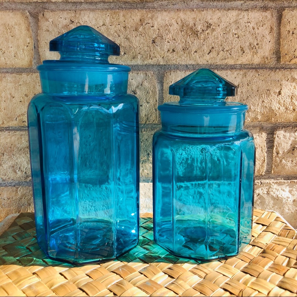 MCM VINTAGE L. E. SMITH BLUE GLASS CANISTER SET π - Picture 3 of 6